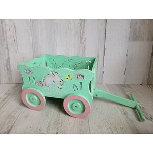 Easter mini wooden wagon teal bunny spring home decor flower unique vintage